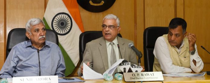 Latest news on politics | Cong-BJP tweets | ThePrint.in Chief Election Commissioner O. P. Rawat with election commissioners Ashok Lavasa and Sunil Arora announcing the schedule for Karnataka elections at a press conference on Tuesday | Subhav Shukla/PTI