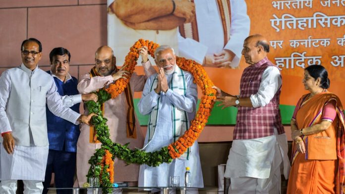 Latest news on Narendra Modi| ThePrint.in Prime Minister Narendra Modi being felicitated by BJP leaders (L-R) Shivraj Singh Chouhan, Nitin Gadkari, Amit Shah, Rajnath Singh and Sushma Swaraj