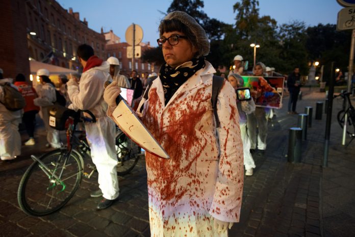 For Halloween, L214 animalist protest in Toulouse Protests against slaughterhouses in Toulouse, France | Photo by Alain Pitton/NurPhoto via Getty Images