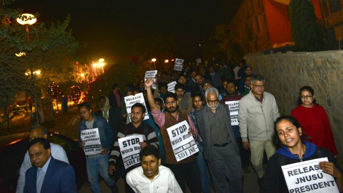 Latest news on Central universities | ThePrint JNU teachers and Students during protest March in campus against arrest of Kanhaiya Kumar by Delhi Police | Ramesh Sharma/India Today Group/Getty Images