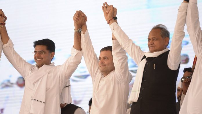 Latest news on Rajasthan Congress | ThePrint Ashok Gehlot with Sachin Pilot and Congress President Rahul Gandhi