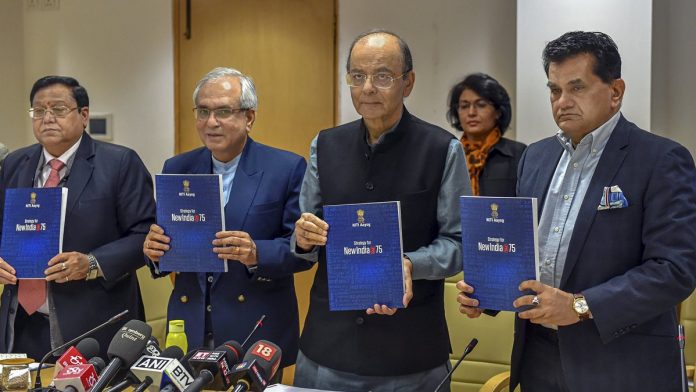 Latest news on Niti Aayog | ThePrint Arun Jaitley with NITI Aayog Vice Chairman Rajiv Kumar and CEO Amitabh Kant (R) release NITI Aayog's Strategy Document for New India@75