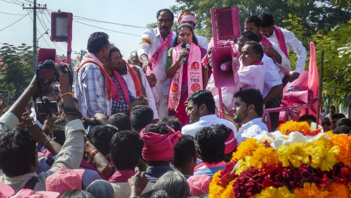Latest news on Telangana | ThePrint K Kavitha, senior TRS leader and daughter of Telangana Chief Minister K Chandrashekar Rao campaigns for the party candidate in Nizamabad's Jagtial constituency