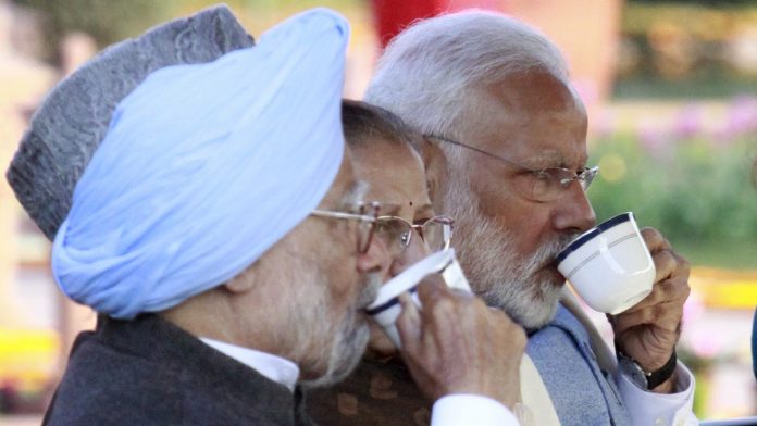 Latest news on Republic Day | ThePrint Former prime minister Manmohan Singh, Lok Sabha Speaker Sumitra Mahajan and Prime Minster Narendra Modi at tea time during the At Home reception at Rashtrapati Bhawan | Praveen Jain/ThePrint