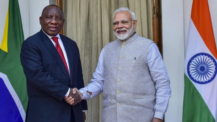 Latest news on South Africa | ThePrint Prime Minister Narendra Modi greets South African President Cyril Ramaphosa prior to a meeting at Hyderabad House in New Delhi | Manvender Vashist/PTI