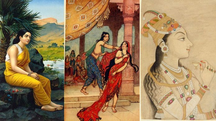 Women in mythology and history L-R: Sita in exile (Raja Ravi Verma) Ordeal of Queen Draupadi (Warivick Goble) and Nurjahan | Commons