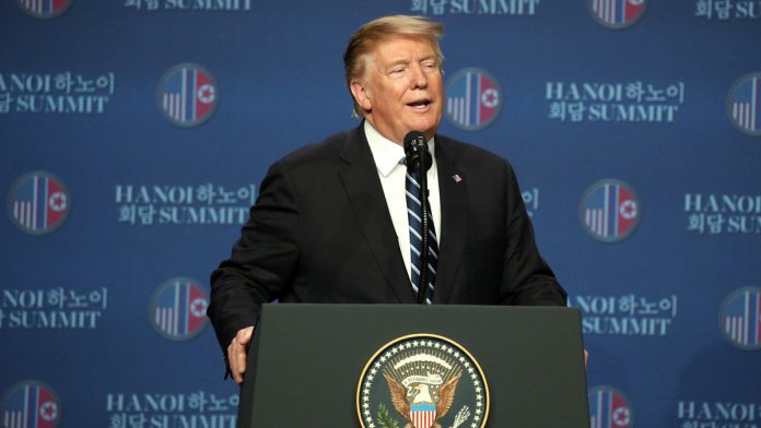 U.S. President Donald Trump speaks during a news conference following the DPRK-USA Hanoi Summit in Hanoi
