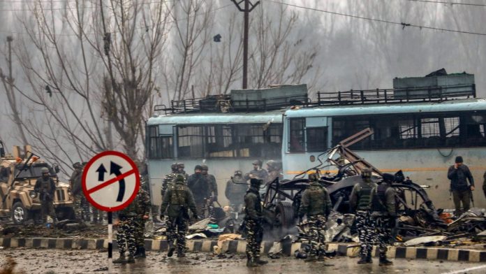 Militant attack in Pulwama Security personnel at the site of suicide bomb attack, Pulwama | PTI