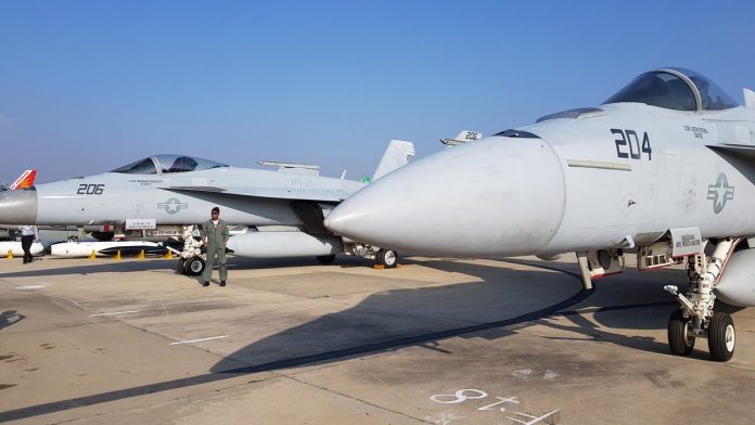 A F/A-18 Super Hornet manufactured by Boeing at the Aero India 2019