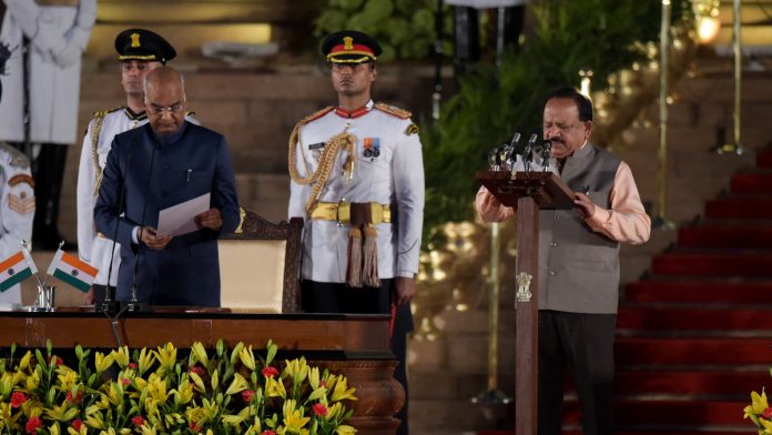 Swearing-in ceremony of Modi government Harsh Vardhan being sworn-in as a cabinet minister by President Ram Nath Kovind during the swearing-in ceremony at the forecourt of Rashtrapati Bhawan