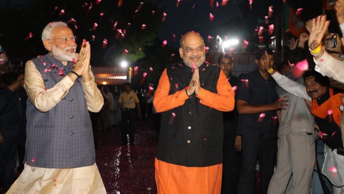 Narendra Modi with Amit Shah at BJP headquarters PM Modi with BJP president Amit Shah at the party headquarters, New Delhi
