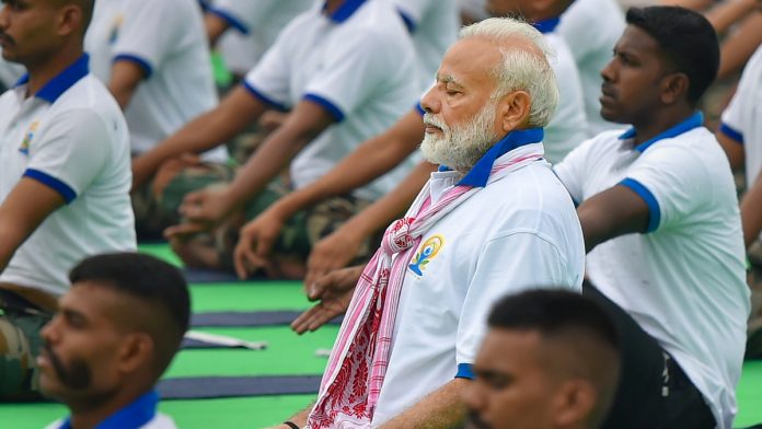 5th International Yoga Day Prime Minister Narendra Modi performs yoga during a mass yoga event on the 5th International Day of Yoga at Prabhat Tara ground, in Ranchi. | PTI