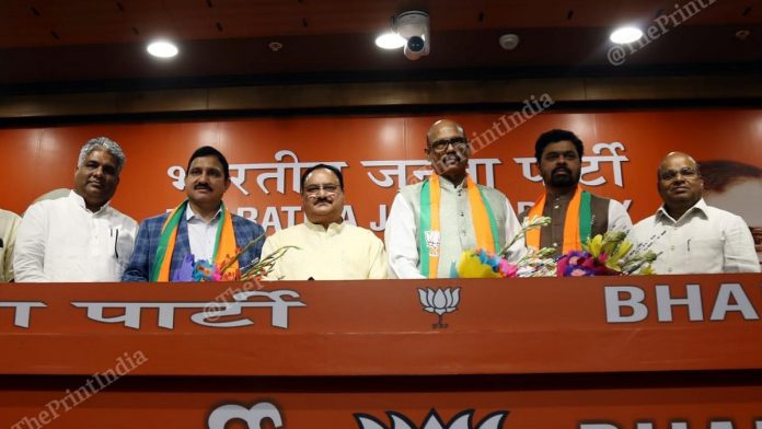 TDP leaders join BJP Y S Chowdary, C M Ramesh, Garikapati Mohan Rao and T G Venkatesh with J P Nadda and Thawarchand Gehlot | Photo by Suraj Singh Bisht | ThePrint