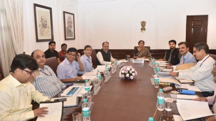 Union Finance Minister Nirmala Sitharaman with Revenue Secretary Ajay Bhushan and Minister of State for Finance and Corporate Affairs Anurag Singh Thakur during a Goods and Service Tax (GST) council meeting | PTI