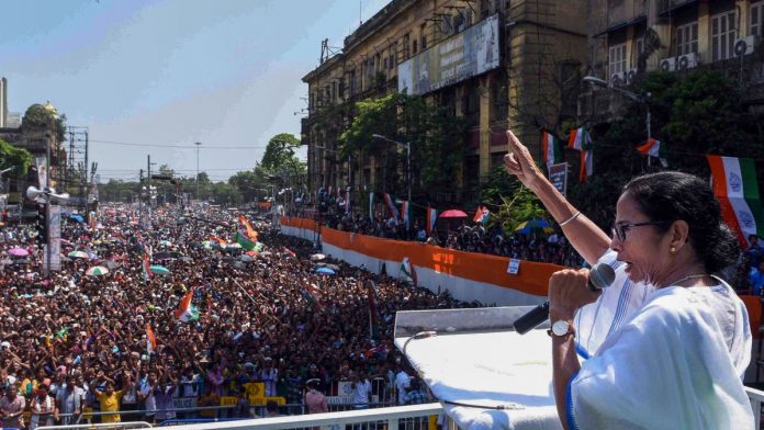 Mamata Banerjee addresses a rally to commemorate Martyr's Day in Kolkata, Sunday | PTI