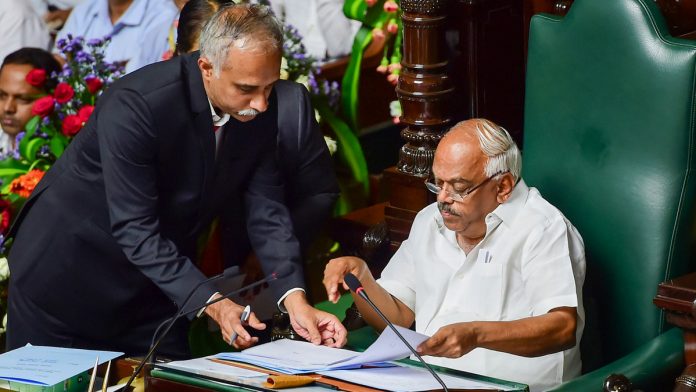 Karnataka Assembly Session floor test Karnataka assembly speaker KR Ramesh Kumar gets the observer's counting following vote of confidence during the Assembly Session at Vidhana Soudha in Bengaluru, Tuesday | PTI