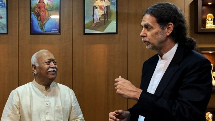 Germany's ambassador to India, Walter J. Lindner with RSS chief Mohan Bhagwat at RSS headquarters in Nagpur | ANI