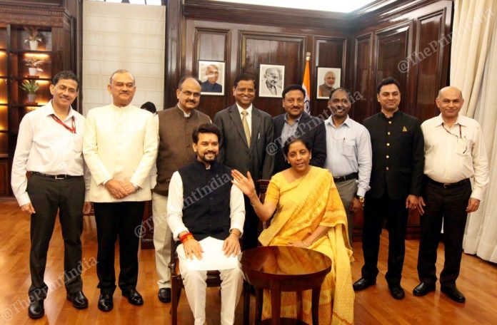 WhatsApp Image 2019-07-04 at 17.58.26 Finance Minister Nirmala Sithraman with MoS Anurag Thakur and team officials after giving the final touches to the Union Budget 2019-20 in New Delhi