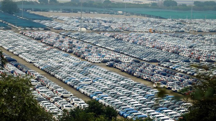 Maruti Production Newly manufactured Maruti Suzuki cars are seen parked inside the company factory in Manesar near Gurugram