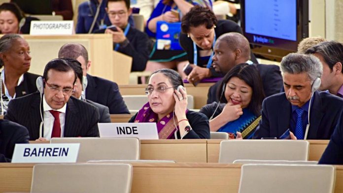 UNHRC MEA's Secretary (East) Vijay Thakur Singh (centre) with other Indian officials at the UNHRC meet in Geneva | ANI