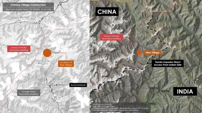 The village constructed by China appears to be within the survey of India and McMahon line boundary | Twitter | @detresfa_