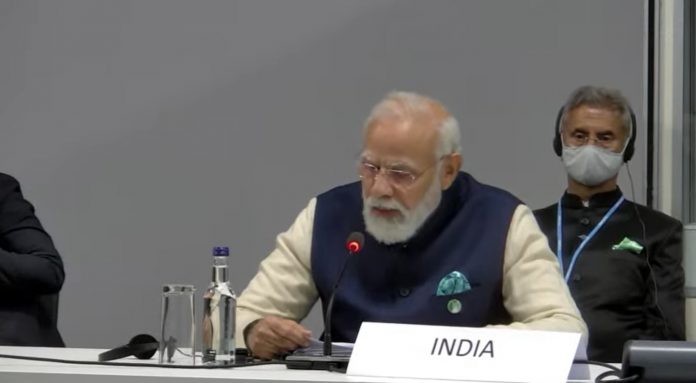 Modi PM Modi addresses the COP26 World Leaders' Summit in Glasgow, Scotland, Monday | Twitter/@BJP4India