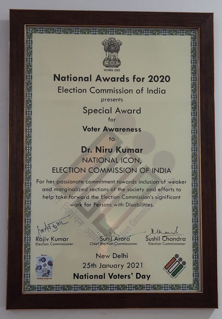 Special Award for Voter Awareness by ECI to Dr. Neeru Kumar.  photo credit: revati karan